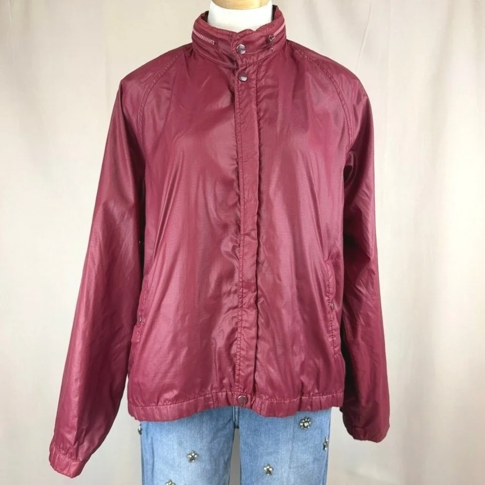 Vintage SEARS Mens L Jacket‎ Burgundy Windbreaker Hood Ripstop Dad Norm Gorp 80s